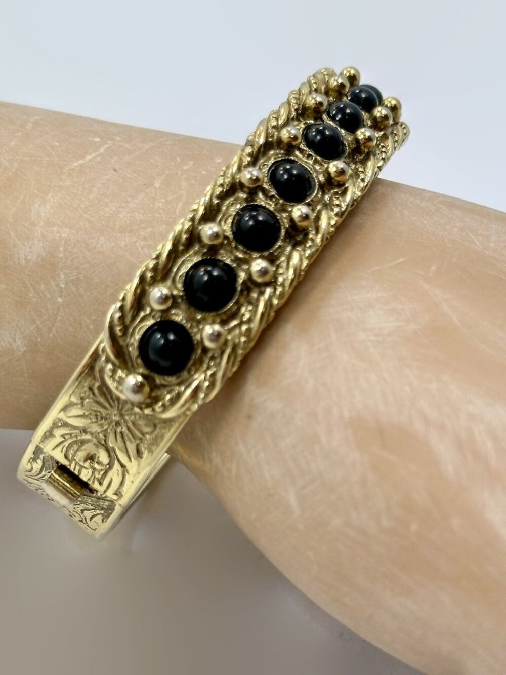 Vintage Bracelet, Victorian Revival, Hinged, Etched, Gold Tone, Black Glass - Picture 2 of 4